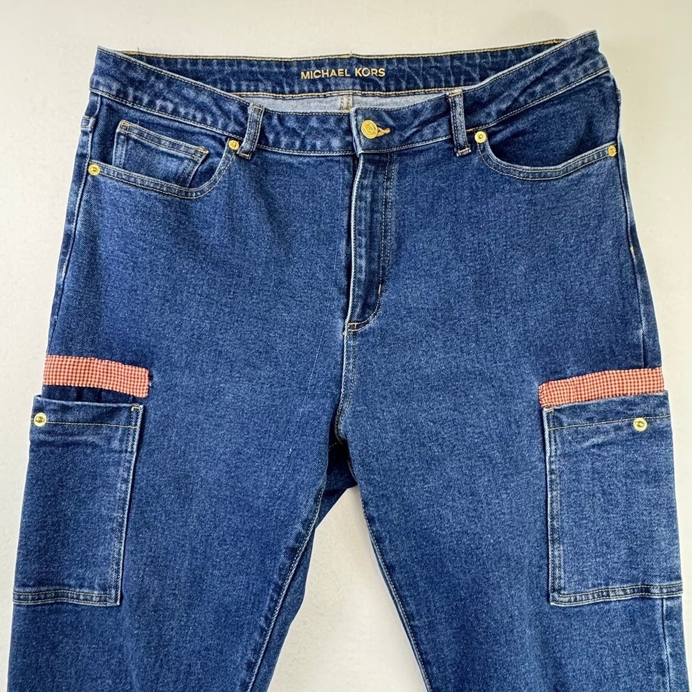 Michael Kors Womens Blue Cargo Jeans Gingham Trim Gold Hardware Straight Leg 12
